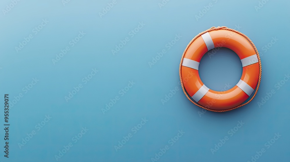 Top-down perspective of an orange lifebuoy placed on a blue background, perfect for maritime or safety-related concepts Top-down perspective of an orange lifebuoy placed on a blue background, perfect for maritime or safety-related concepts