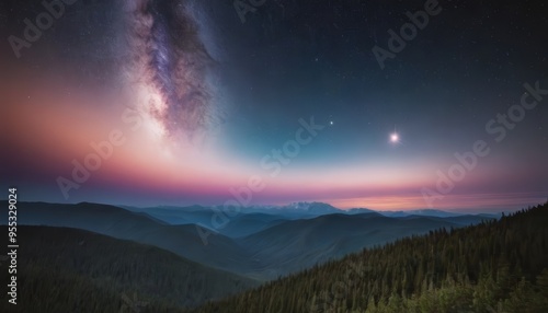 A breathtaking view of the milky way over a mountain range with a hint of pink in the sky.