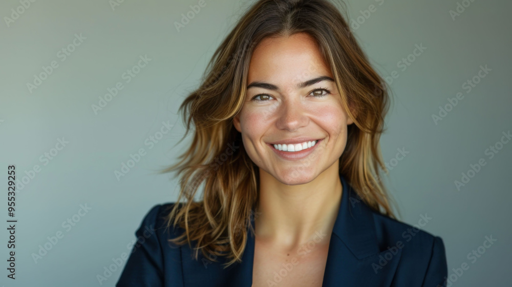 Smiling woman with long hair wearing dark blazer, exuding confidence and warmth. Smiling woman with long hair wearing dark blazer, exuding confidence and warmth.