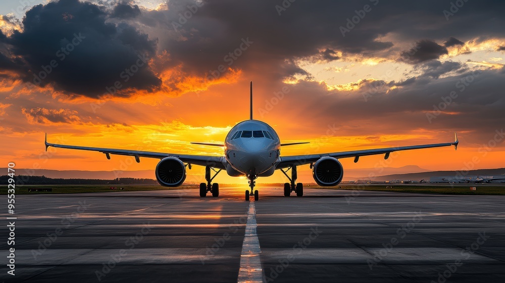 A commercial airplane is shown front and center on a runway during a dramatic sunset, with vibrant orange and yellow hues filling the sky, illustrating the beauty of aviation at dusk A commercial airplane is shown front and center on a runway during a dramatic sunset, with vibrant orange and yellow hues filling the sky, illustrating the beauty of aviation at dusk