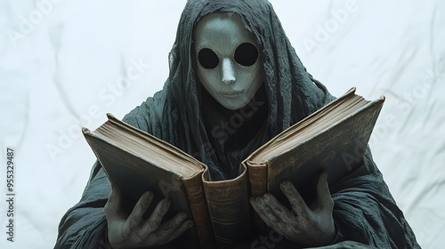 Ghostly librarian with eerie Halloween masks, spectral hands holding ancient tomes, surreal scene, isolated on white background photo