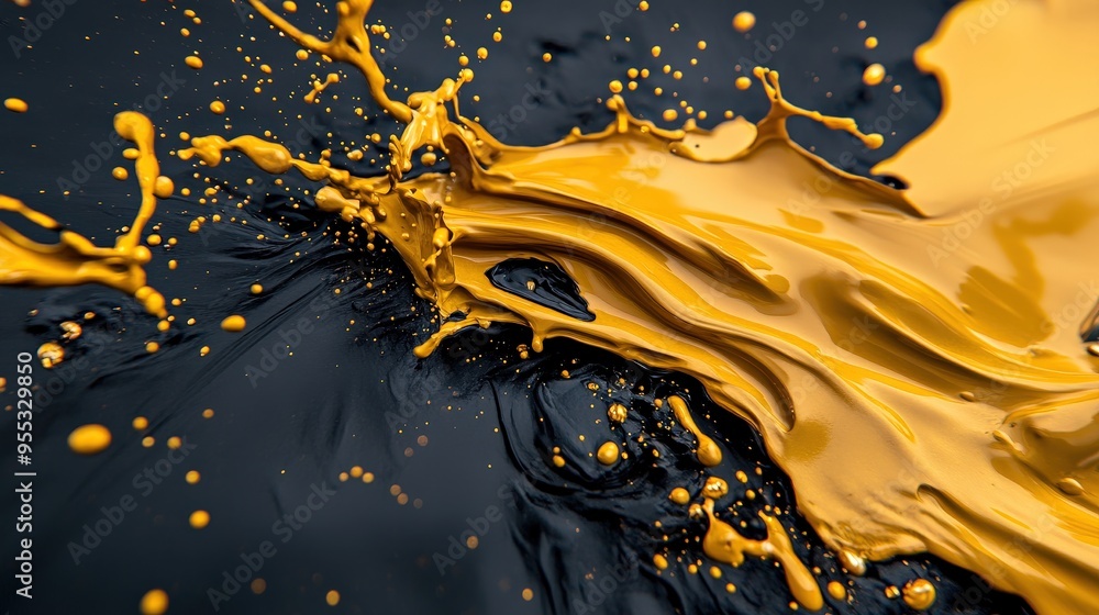 A painting of a black and gold swirl with gold specks. The painting has a dark and mysterious mood A painting of a black and gold swirl with gold specks. The painting has a dark and mysterious mood