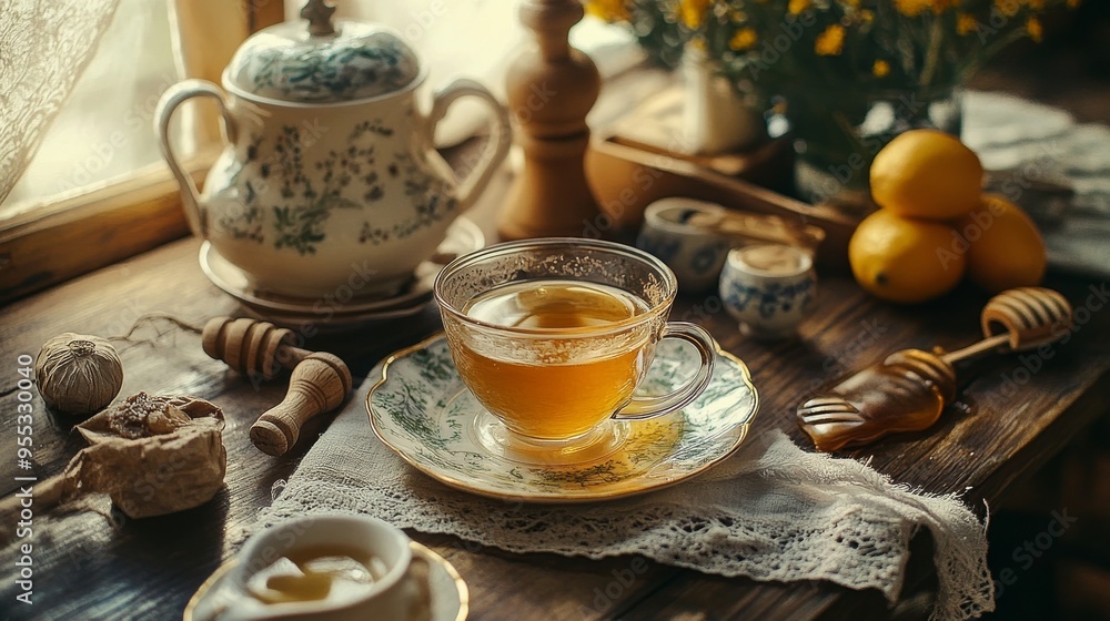 Tea, honey on table. Tea, honey on table.