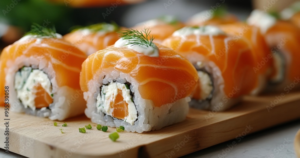 Fresh sushi rolls with cream cheese and salmon garnished with herbs on a plate Fresh sushi rolls with cream cheese and salmon garnished with herbs on a plate