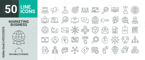 Set of 50 icons of Marketing Business in Vector Format. Content, search, marketing, ecommerce, seo, electronic devices, internet, analysis, social and more line icon.
