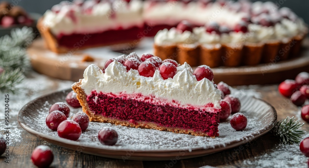 Delicious red velvet tart with whipped cream and fresh cranberries served on a wooden table Delicious red velvet tart with whipped cream and fresh cranberries served on a wooden table