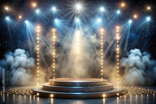 Elegant stage with dazzling lights and enchanting smoke atop a podium photo