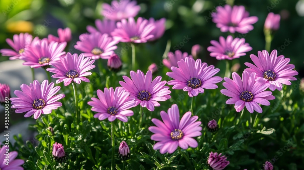 Overhead shot of pink daisies in a garden. Overhead shot of pink daisies in a garden.