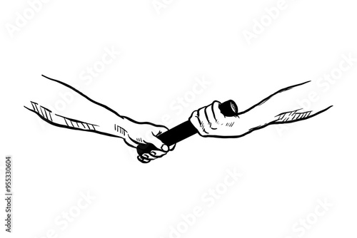 Hands receiving a relay baton hand drawn line sketch vector illustration