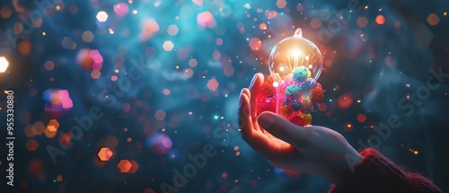 Hand holding lightbulb emitting colorful spheres, dark background, creative and innovative concept photo