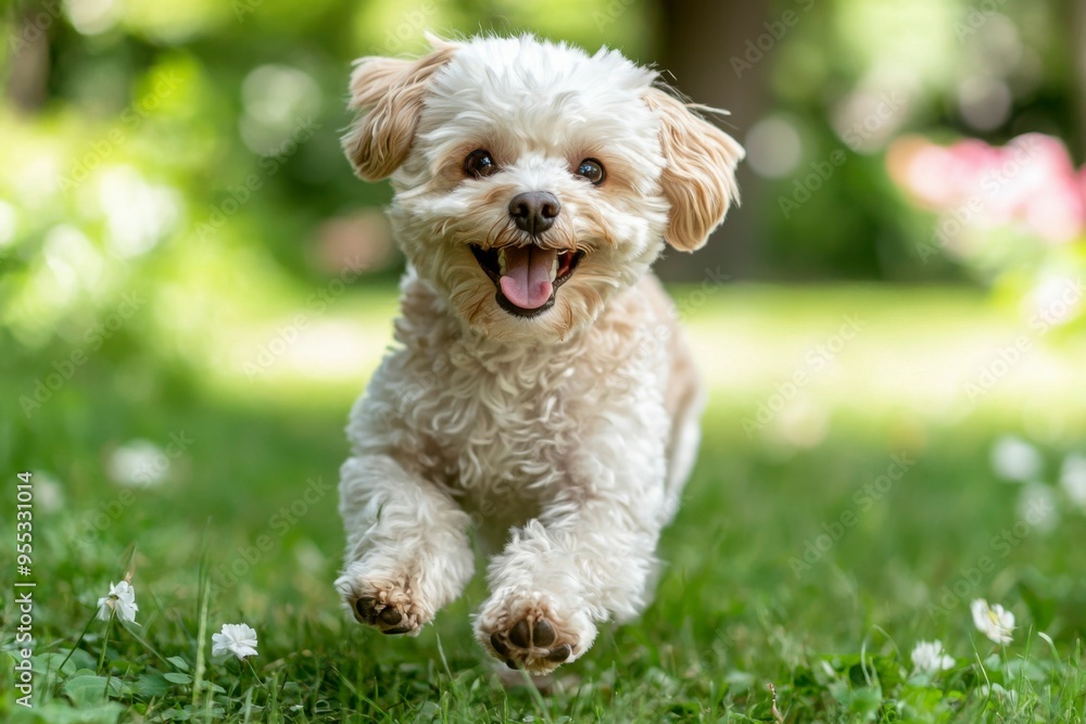 A White Dog Running Through Green Grass With Its Mouth Open A White Dog Running Through Green Grass With Its Mouth Open