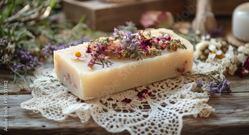 Handmade natural soap on a rustic wooden plate with dried flowers, perfect for a relaxing bath