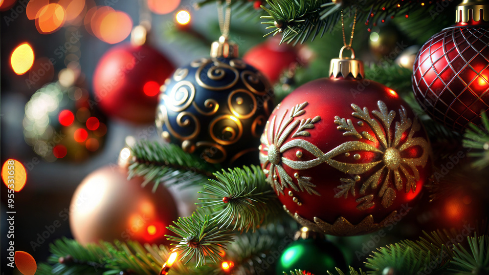 Close-Up of Festive Red and Gold Ornaments on Tannenbaum with Glowing Lights Close-Up of Festive Red and Gold Ornaments on Tannenbaum with Glowing Lights