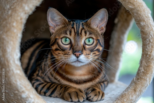 A Bengal Cat Resting Inside a Furry Cat Tree Tunnel photo