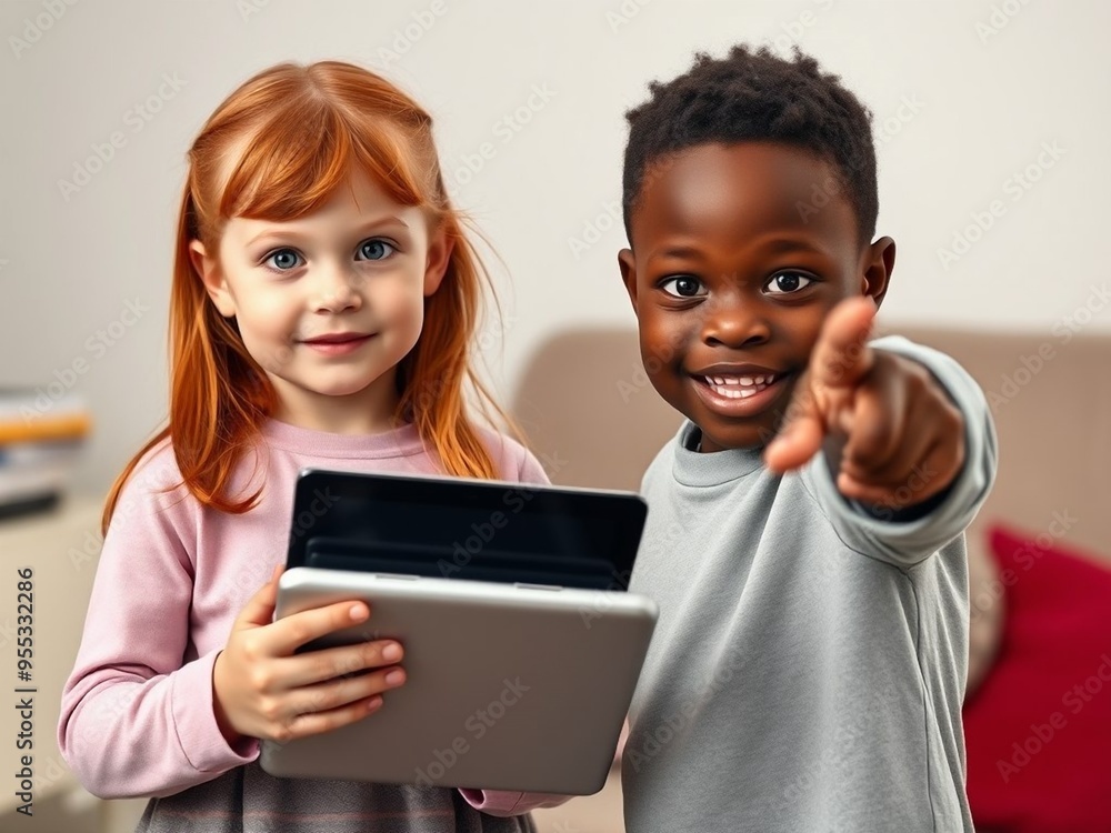 Professional full-length photo of two 5-year-olds: the red-haired girl with green eyes is holding a tablet and the African-American boy is pointing at you.Technology Professional full-length photo of two 5-year-olds: the red-haired girl with green eyes is holding a tablet and the African-American boy is pointing at you.Technology