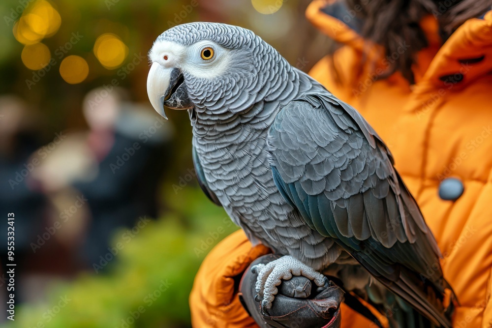Obraz premium Close-up of a Grey Parrot Perched on a Person's Hand