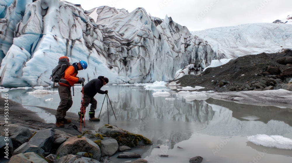 Naklejka premium Hikers Exploring a Glacial Lake