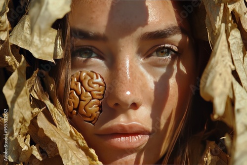 Memory storage Brain derived neurotrophic factor Woman with a glowing brain and leafy elements symbolizing the connection between nature and human cognition photo