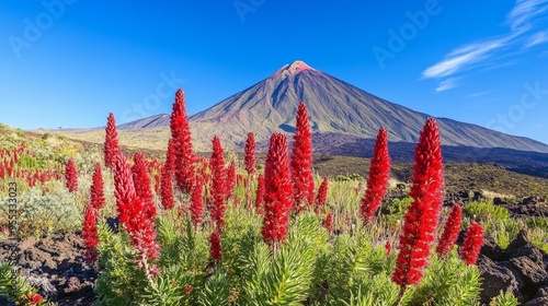 Red flowers adorn Tenerife's El Teide