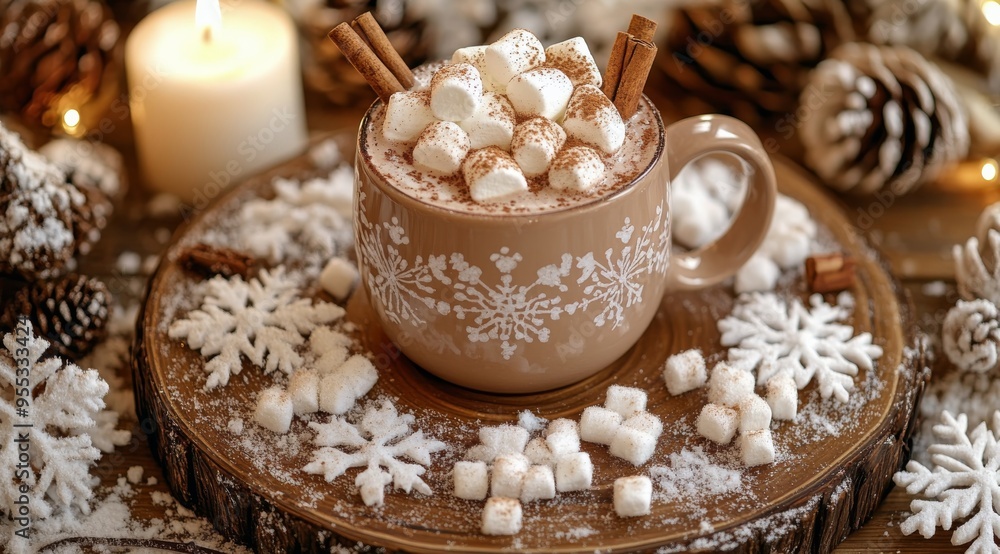 Warm mug of hot cocoa topped with marshmallows and spices on a cozy winter table setting Warm mug of hot cocoa topped with marshmallows and spices on a cozy winter table setting