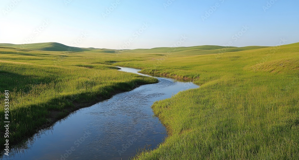 Lush green meadow with a flowing stream under a bright blue sky on a sunny day Lush green meadow with a flowing stream under a bright blue sky on a sunny day