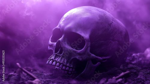 Atmospheric Skull Art with Purple Background and Sinister, Grisly Design for Halloween Decoration and Horror-Themed Digital Art