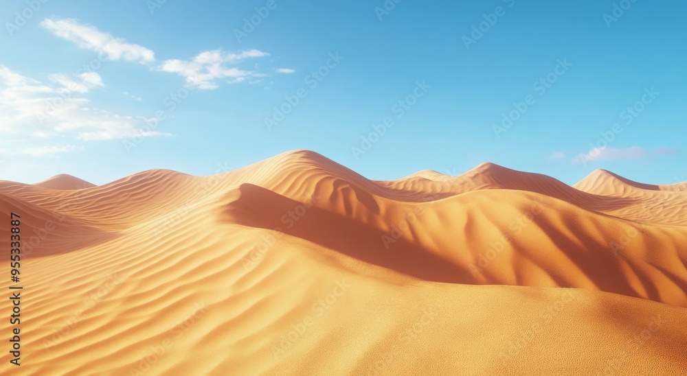 Vast golden sand dunes under a bright blue sky in a tranquil desert landscape at midday Vast golden sand dunes under a bright blue sky in a tranquil desert landscape at midday