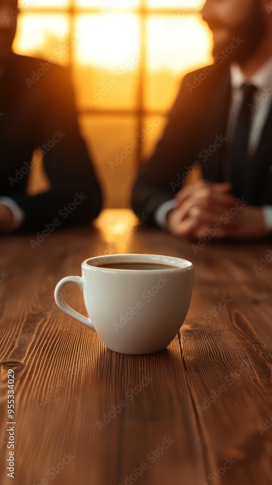 A close-up of a coffee cup on a wooden table with two professionals in suits discussing by a window during sunset. A close-up of a coffee cup on a wooden table with two professionals in suits discussing by a window during sunset.