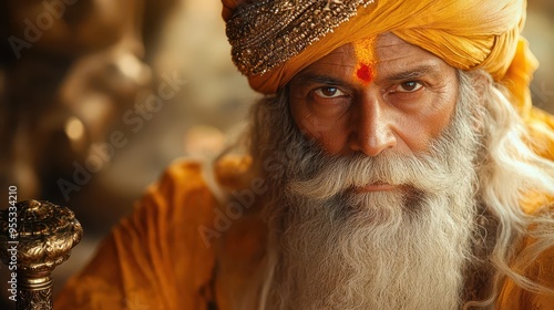 elderly sikh man with long beard resting on ornate walking stick wearing traditional turban and kurta sunlight streaming through window warm tones