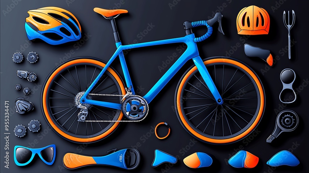 Fototapeta premium Vibrant blue bicycle and accessories arranged creatively on a dark background, showcasing cycling gear and equipment.