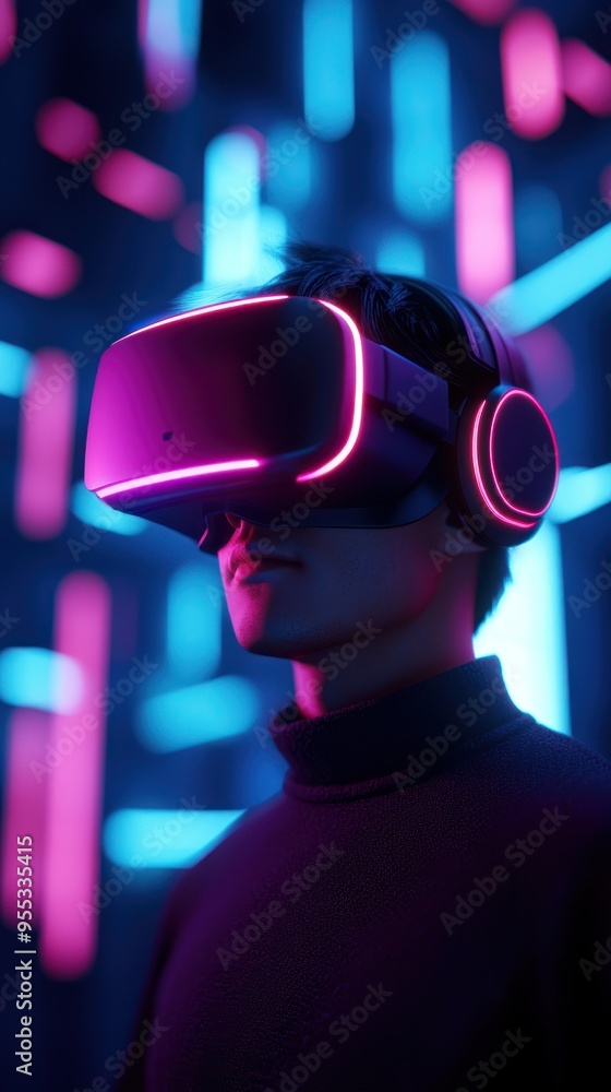 A person wearing a VR headset in a vibrant and colorful futuristic environment, showcasing immersive technology experience. A person wearing a VR headset in a vibrant and colorful futuristic environment, showcasing immersive technology experience.