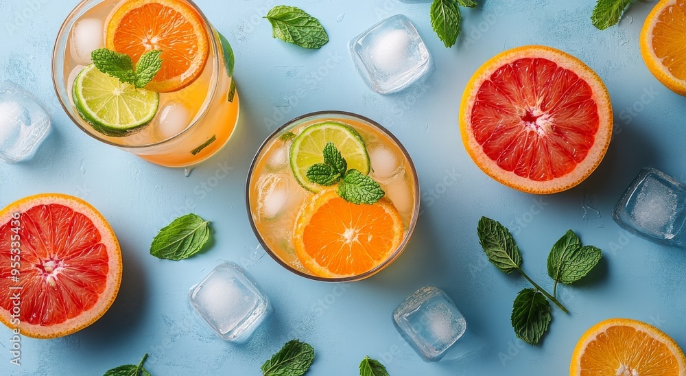 Refreshing fruit cocktail with citrus slices and ice on a blue background in bright daylight Refreshing fruit cocktail with citrus slices and ice on a blue background in bright daylight