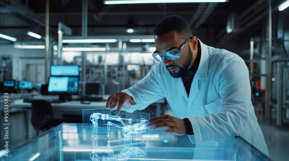 Man in lab coat and goggles interacting with 3D holographic model of robotic arm on transparent table in modern, well-lit industrial factory. Man in lab coat and goggles interacting with 3D holographic model of robotic arm on transparent table in modern, well-lit industrial factory.