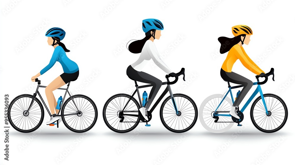 Fototapeta premium Three female cyclists in stylish outfits and helmets pedaling on bicycles, showcasing outdoor athleticism and fitness.