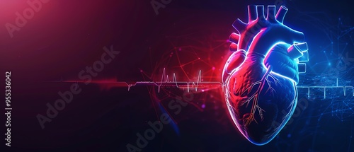 Neon heart with pulse line, dark background, glowing red and blue, medical technology, dynamic lighting