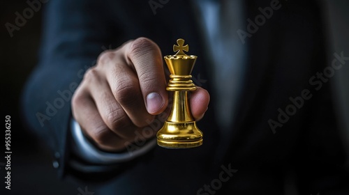 Hand of a businessman with a golden king chess piece, poised for a winning move, symbolizing leadership and strategy.