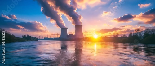 Nuclear power plant by a river at sunset, dramatic lighting with orange and blue hues photo