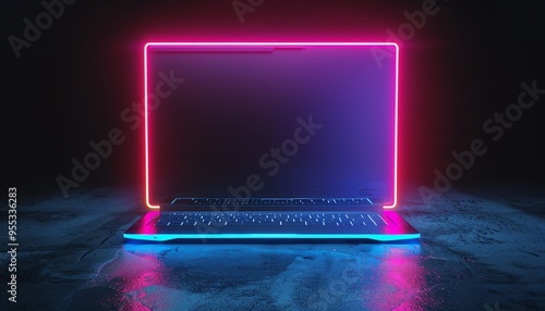 Neonlit laptop with glowing pink and blue frame, dark background, futuristic tech vibe