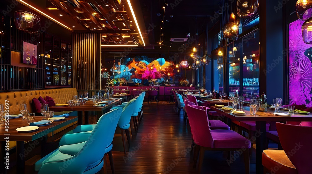 Fototapeta premium A vibrant restaurant interior with dynamic ever-changing themes
