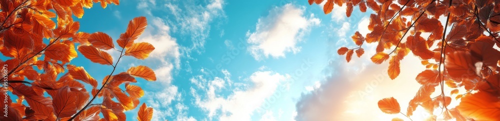 Autumn leaves falling against a bright blue sky and fluffy white clouds in the afternoon Autumn leaves falling against a bright blue sky and fluffy white clouds in the afternoon