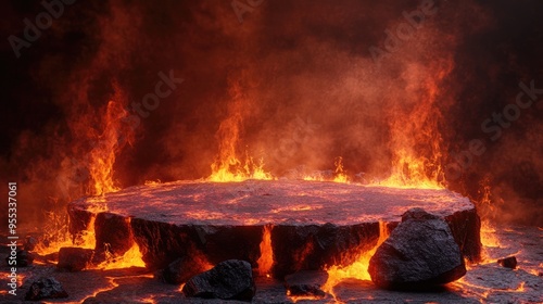 Lava erupts around a stone podium, hot magma and burning rocks creating a fiery backdrop, ideal for product display. photo