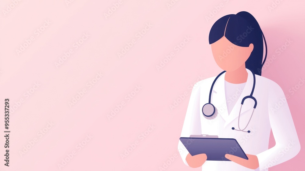 Fototapeta premium Illustration of a female doctor holding a clipboard in a professional setting, symbolizing healthcare and medical services.