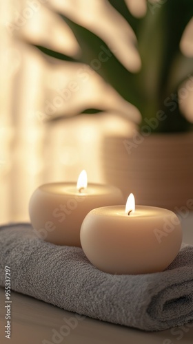 Gentle ambiance created by glowing candles on a soft towel, perfect for relaxation and serene home decor.