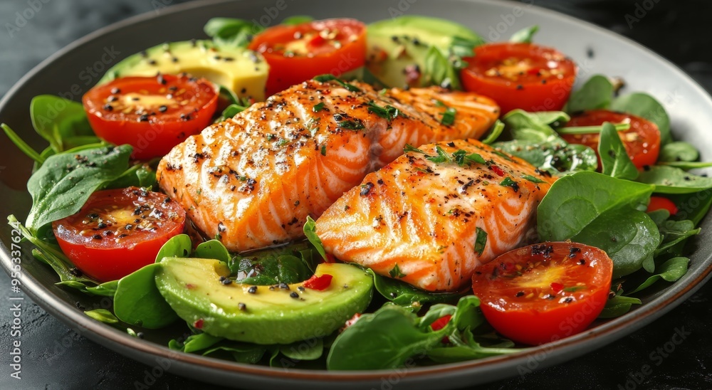 A delicious plate of grilled salmon with fresh greens and cherry tomatoes at a dining table A delicious plate of grilled salmon with fresh greens and cherry tomatoes at a dining table