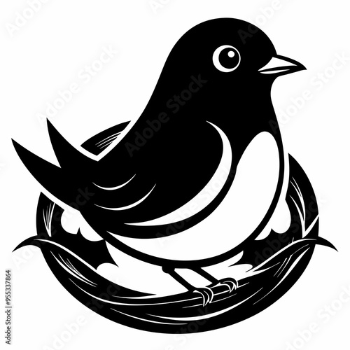 Robin bird sit in nest silhouette vector illustration