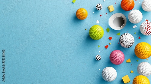 Colorful golf balls scattered on a blue surface with confetti, perfect for sports and leisure themes.