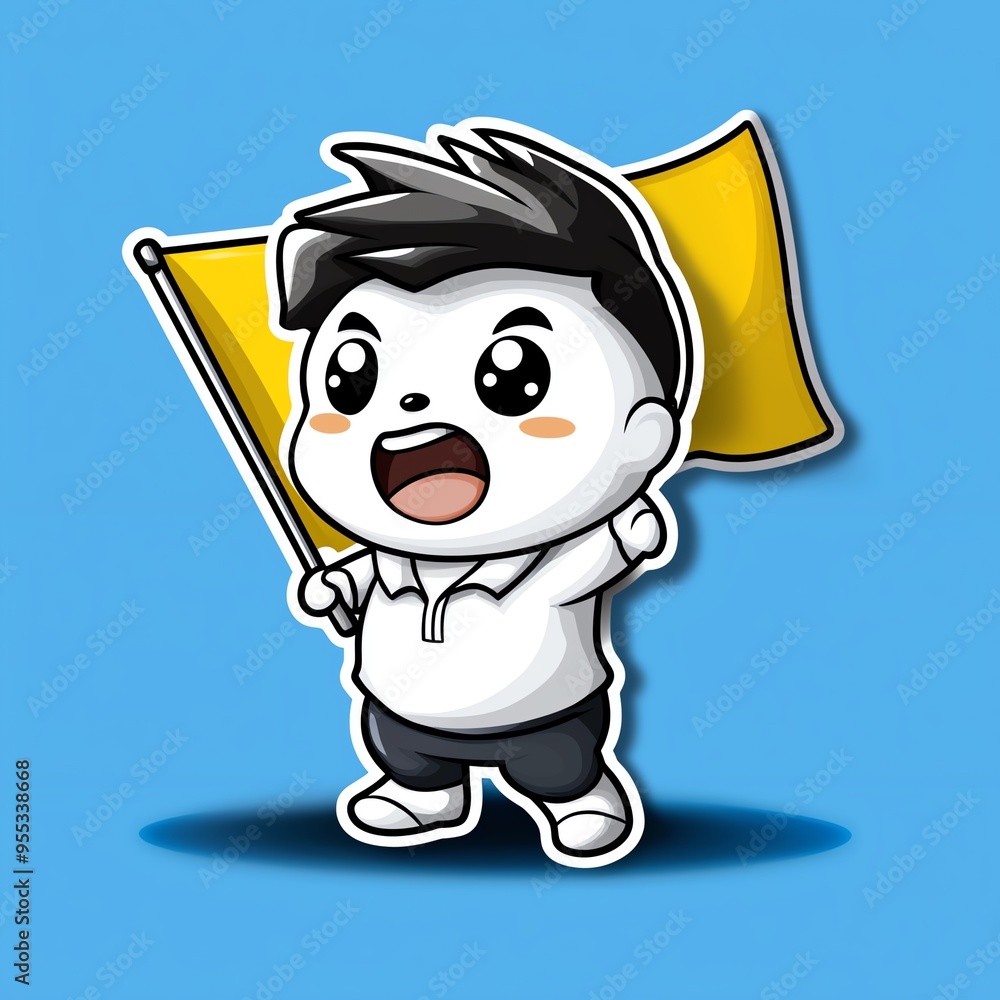 A cheerful cartoon character waving a yellow flag, set against a vibrant blue background, perfect for playful designs. A cheerful cartoon character waving a yellow flag, set against a vibrant blue background, perfect for playful designs.