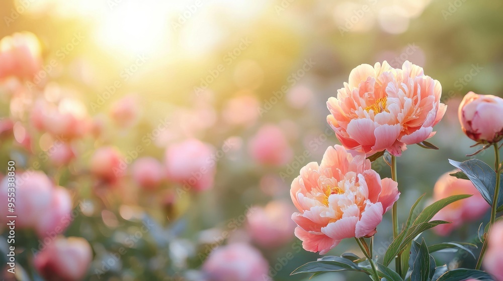 Serene Pastel Peony Garden at Dusk with Soft Warm Light - High-Resolution Floral Photography Serene Pastel Peony Garden at Dusk with Soft Warm Light - High-Resolution Floral Photography