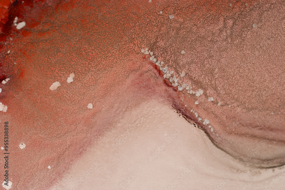 Fototapeta premium Abstract texture featuring soft earth tones with a touch of red, showcasing organic shapes and patterns on a flat surface