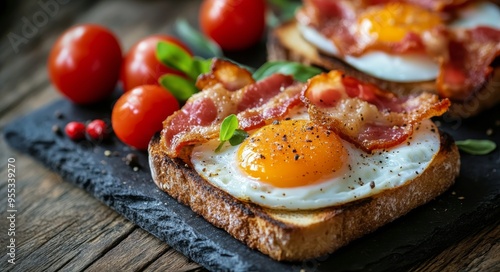 Breakfast of fried eggs, crispy bacon, and tomatoes served on toasted bread